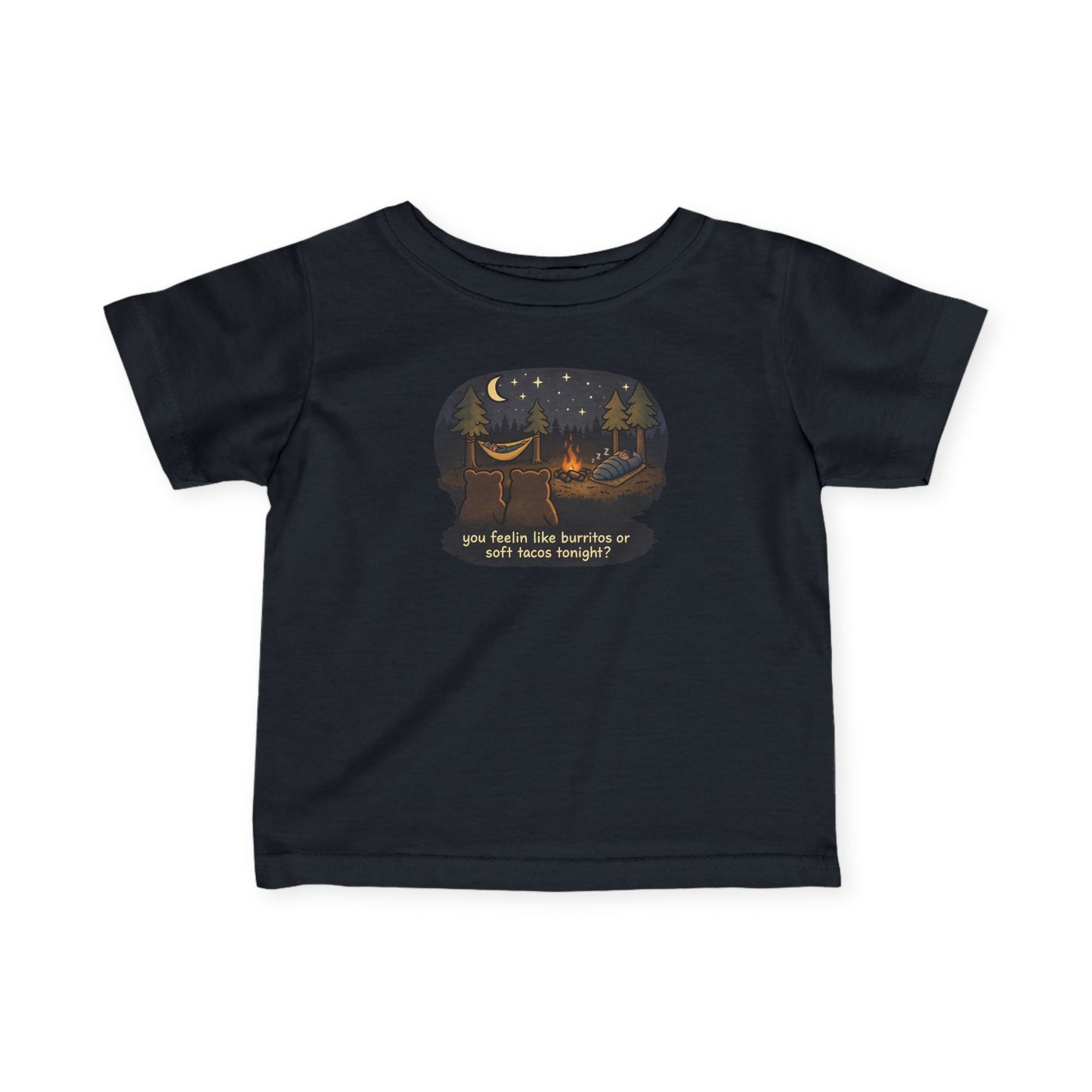 Campfire Bears Humor Baby Toddler Shirt, People in Sleeping Bags are Bear Burritos and Tacos Joke, Camping Smores Shirt