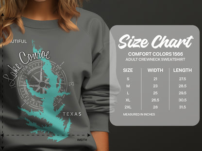 Lake Couroe Texas sweatshirt with size chart overlay.