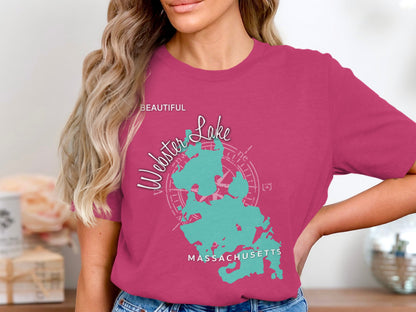 Pink t-shirt with Webster Lake Massachusetts map and compass design.