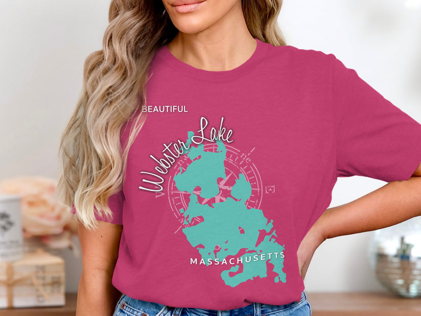 Pink t-shirt with Webster Lake Massachusetts map and compass design.