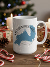 White mug with Mendenhall Lake, Alaska map graphic and compass rose.