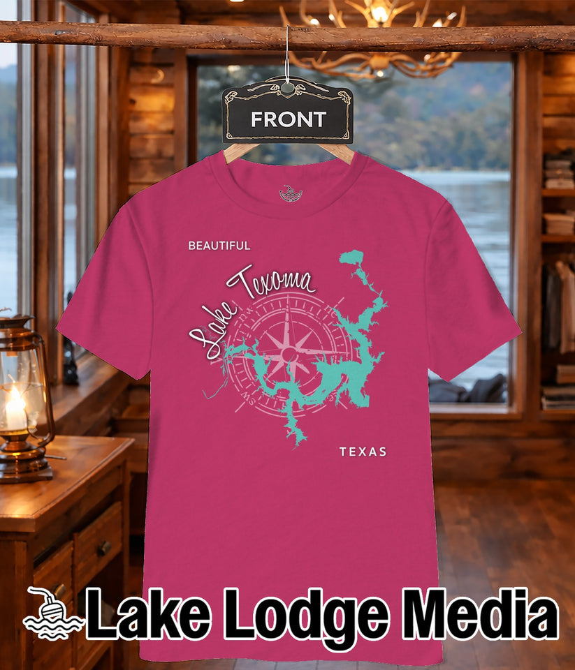 Pink t-shirt featuring a teal compass rose design and "Lake Texoma Texas".