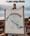 Woven blanket featuring Lake Panorama map and compass with Lake Lodge Media text.