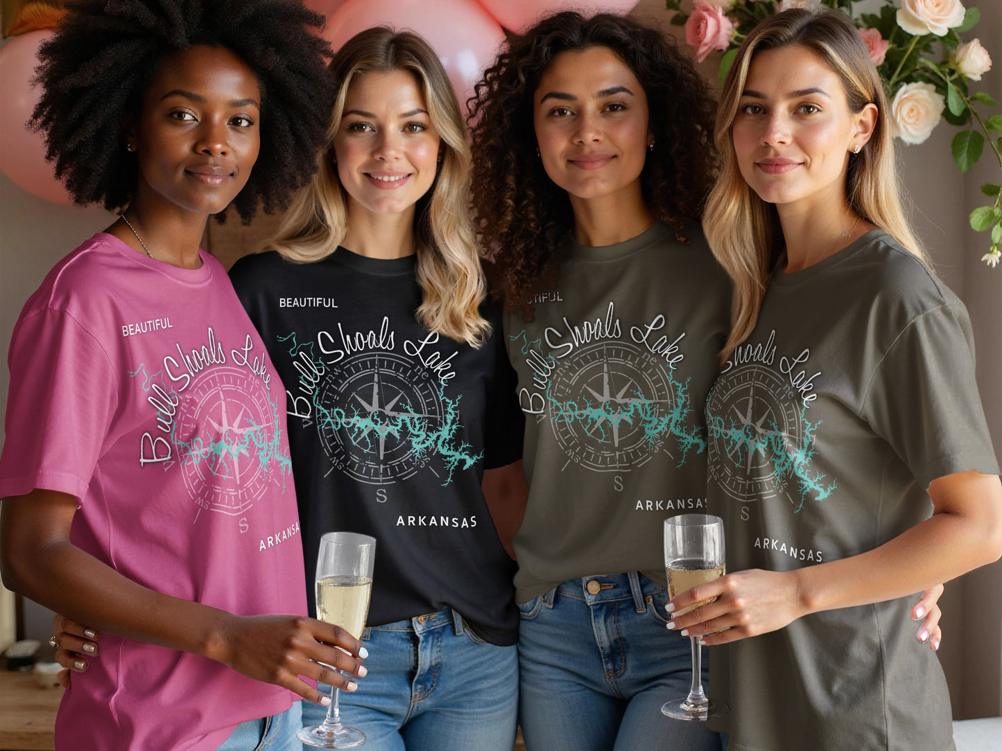 Four women wearing graphic t-shirts with "Bull Shoals Lake Arkansas" text and compass design.