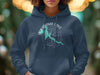 Navy hoodie with a teal outline of Lake Pokegama, Minnesota, on a compass graphic.
