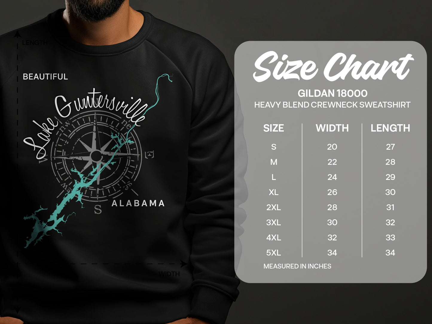 Crewneck sweatshirt with Guntersville Lake map graphic and size chart.