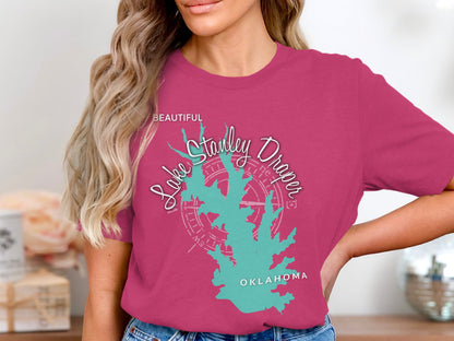 Turquoise map of Lake Stanley Draper, Oklahoma, on a pink t-shirt.