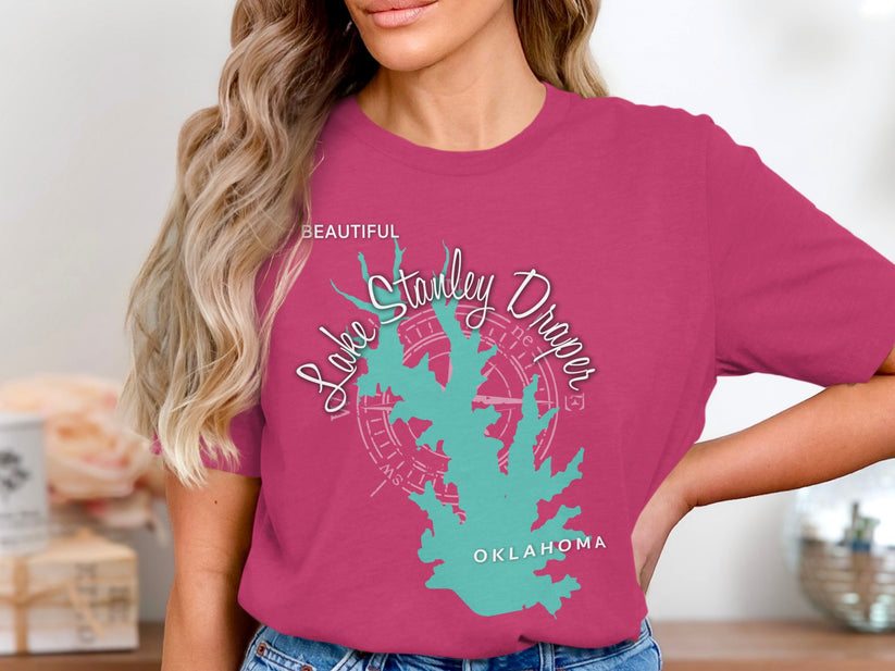 Turquoise map of Lake Stanley Draper, Oklahoma, on a pink t-shirt.