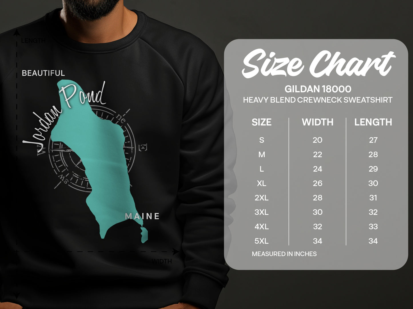Jordan Pond Maine sweatshirt with Gildan 18000 size chart.