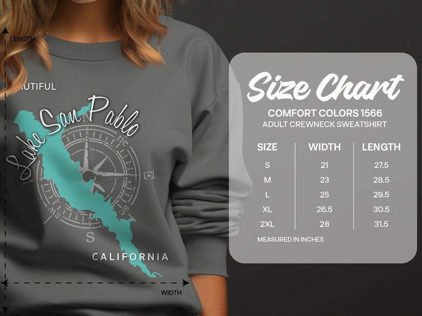 Comfort Colors 1566 adult crewneck sweatshirt size chart with measurements.