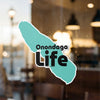 Onondaga Life logo on a teal irregularly shaped sticker.