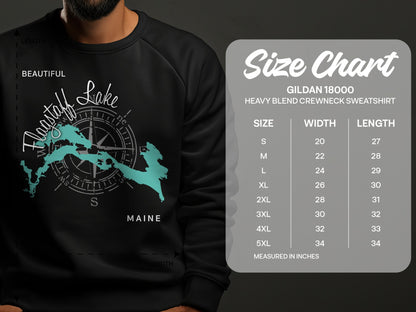 Sweatshirt mockup showing Flagstaff Lake graphic and Gildan 18000 size chart.