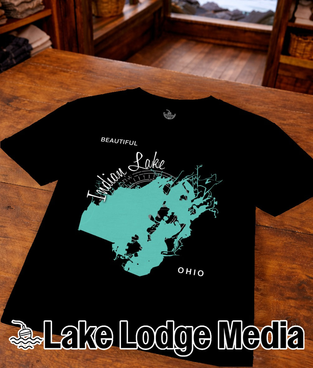 Black t-shirt featuring a map of Indian Lake, Ohio with "Beautiful Indian Lake" text.