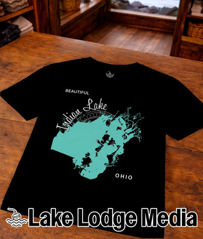 Black t-shirt featuring a map of Indian Lake, Ohio with "Beautiful Indian Lake" text.