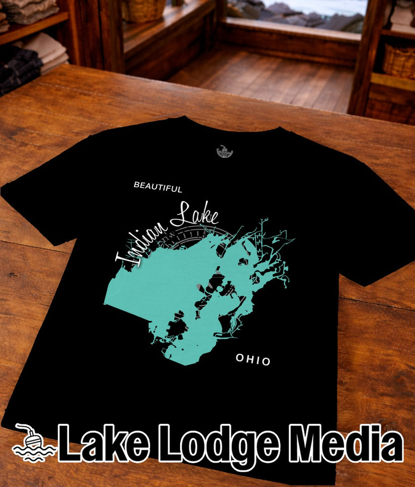 Black t-shirt featuring a map of Indian Lake, Ohio with "Beautiful Indian Lake" text.