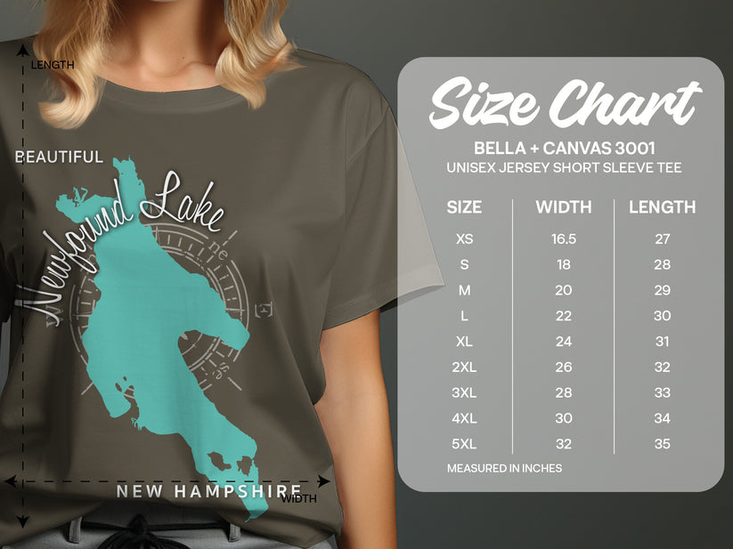 Size chart for Bella + Canvas 3001 unisex t-shirt, listing measurements.