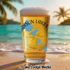 Beer glass with "Madison Lakes" text and Wisconsin map over compass graphic.