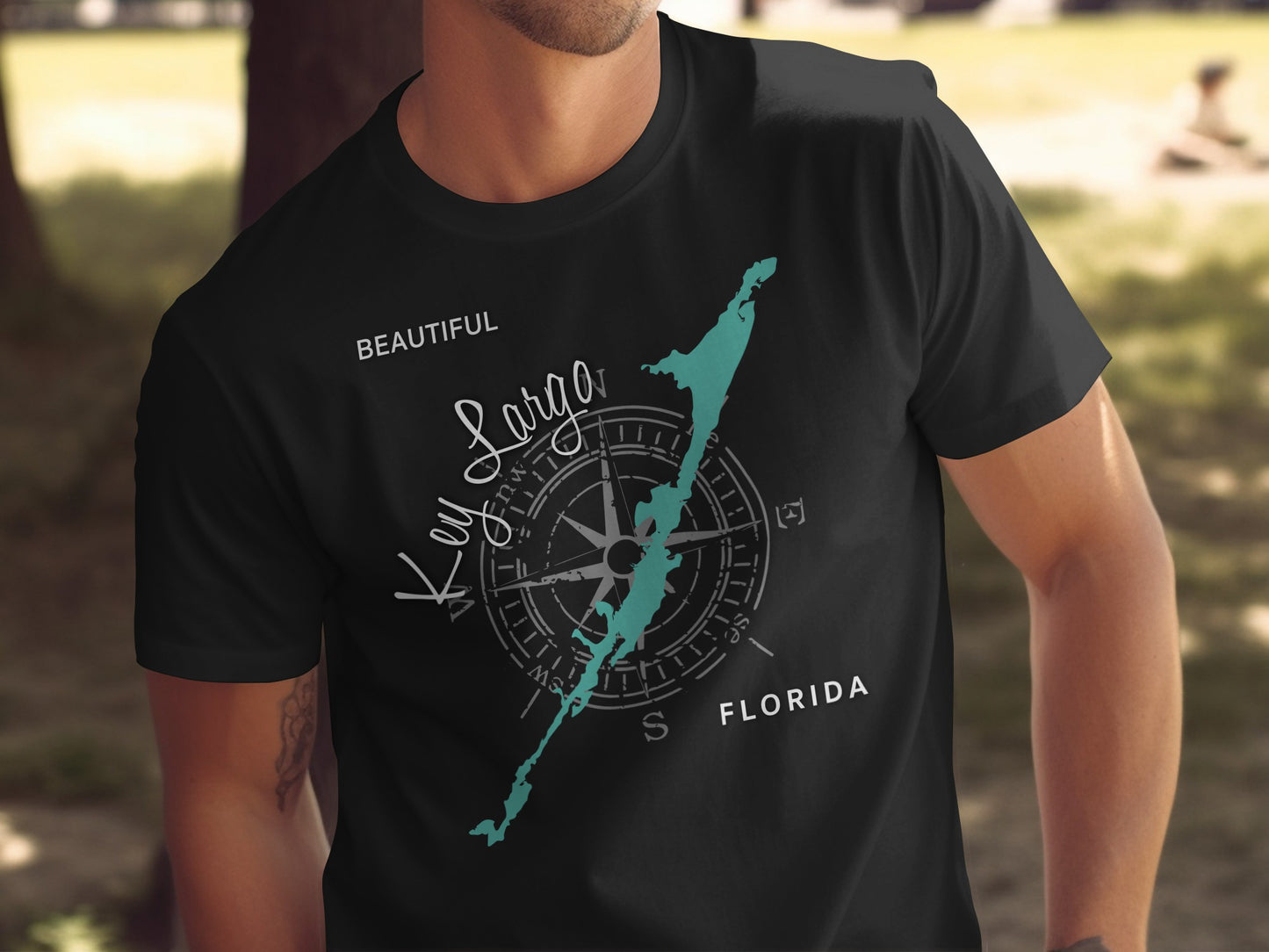 Black t-shirt with Key Largo Florida map and compass design.