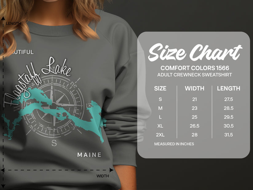 Size chart for Comfort Colors 1566 adult crewneck sweatshirt in inches.
