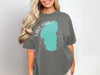 Grey t-shirt with turquoise Lake Tahoe map graphic and compass detail.
