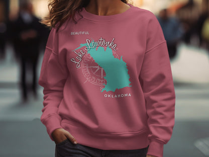 Pink sweatshirt with teal Lake Lawtonka, Oklahoma map and compass graphic.