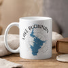 White mug with blue Lake Buchanan map graphic and compass design.
