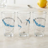 Three clear glasses featuring a blue map of Roosevelt Lake and a compass rose design.