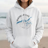 White hoodie with a Watauga Lake Tennessee map and compass design.