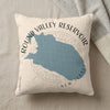 Cream pillow with blue Round Valley Reservoir map and text for New Jersey.