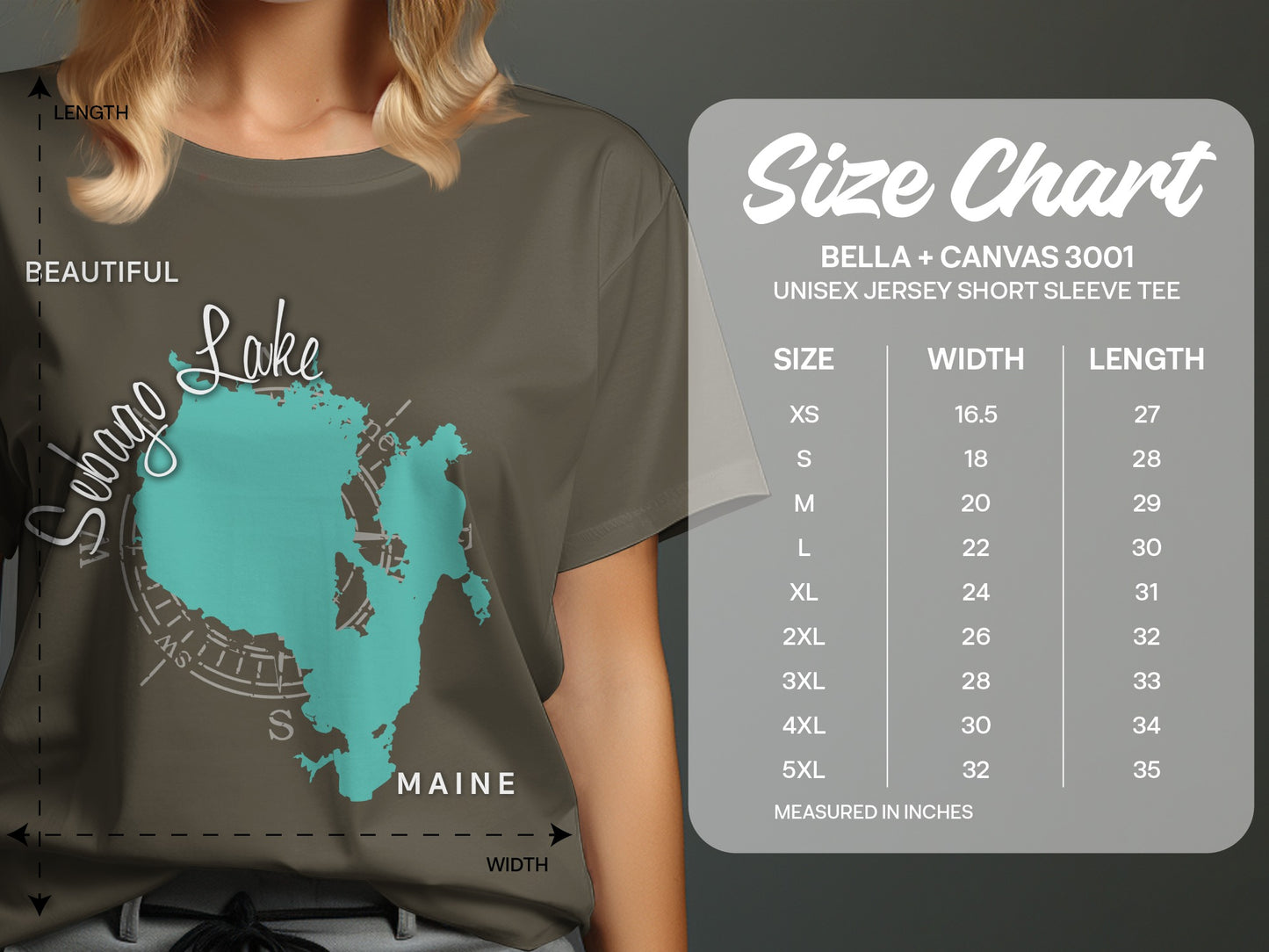 Size chart for BELLA + CANVAS 3001 unisex short sleeve tee with Sebago Lake graphic.