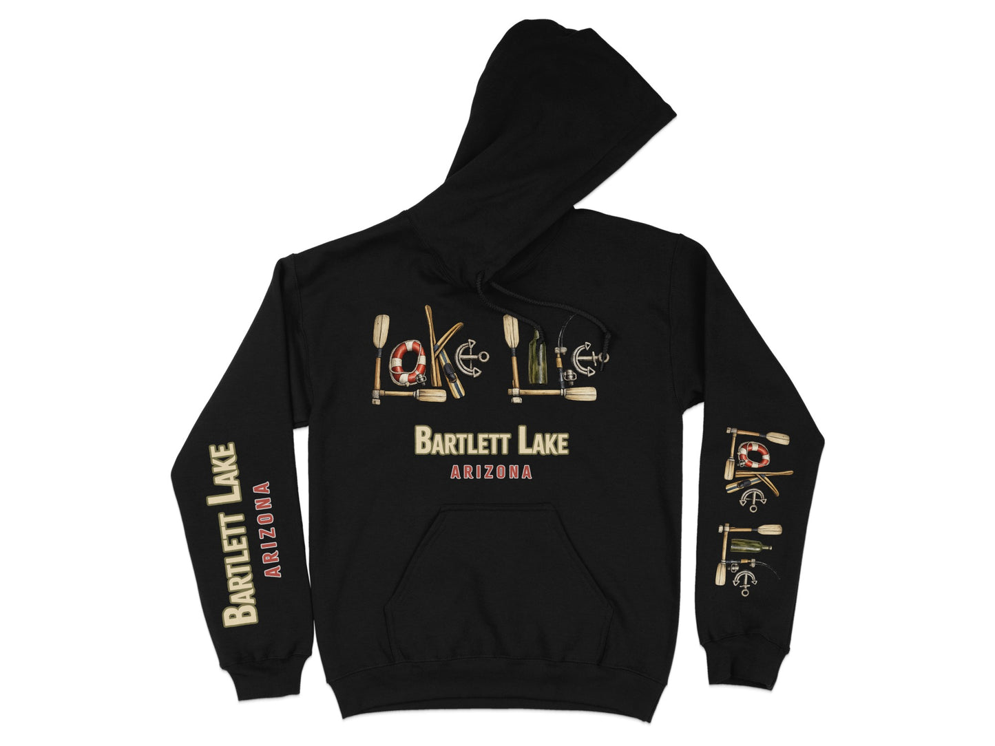 Black hoodie with "Bartlett Lake Arizona" text and lake graphic on sleeves.