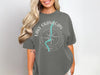 Gray t-shirt with Lake Okanagan British Columbia compass graphic and turquoise lake outline.
