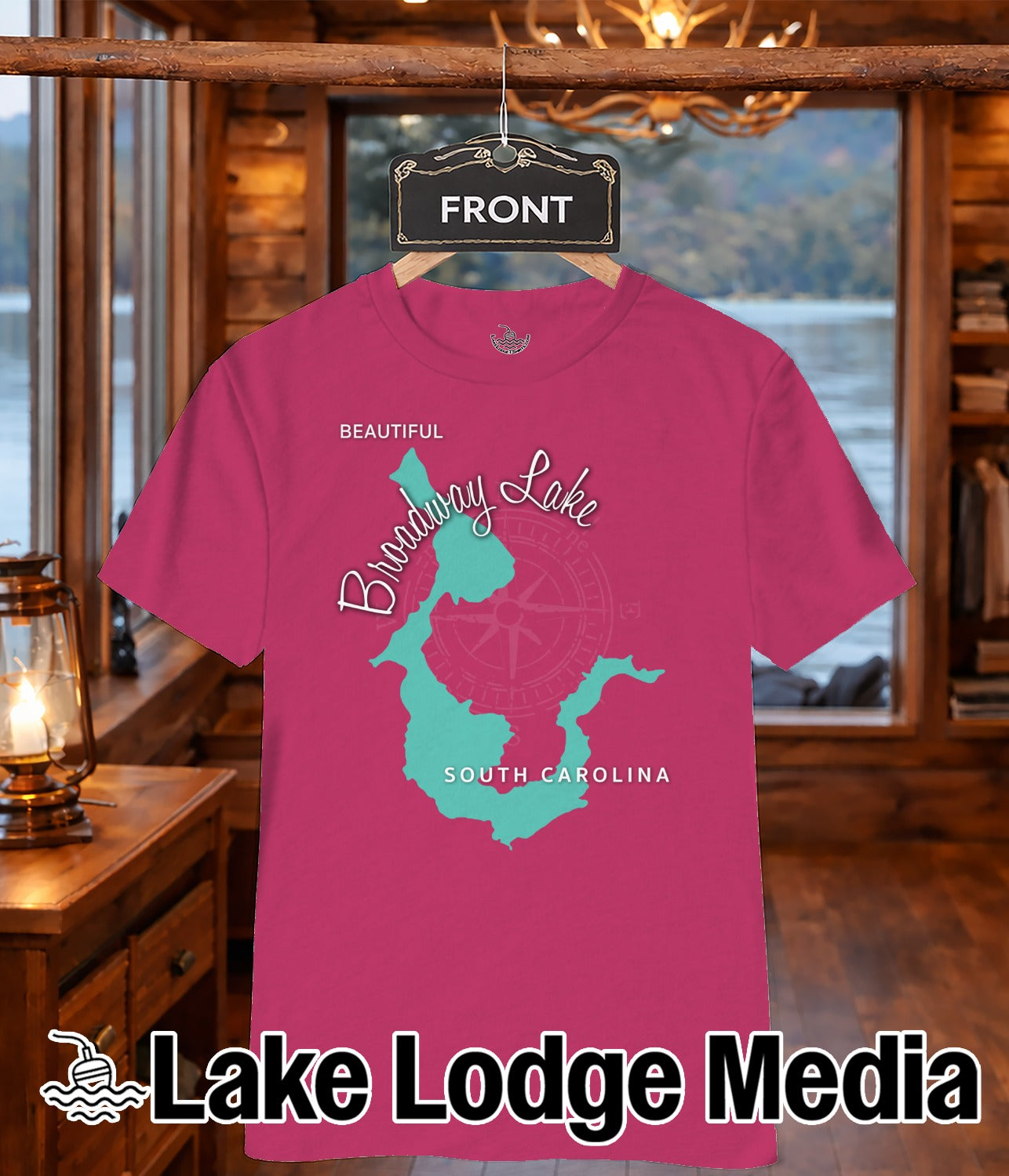 Pink t-shirt with "Broadway Lake, South Carolina" and a compass rose graphic.