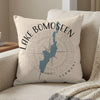 Throw pillow with Lake Bomoseen map and compass graphic, Vermont text.
