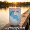White insulated wine tumbler featuring a blue map of Sandhill Lake and compass rose graphic.
