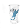 Clear glass with blue Snow Lake map and compass design, Washington.