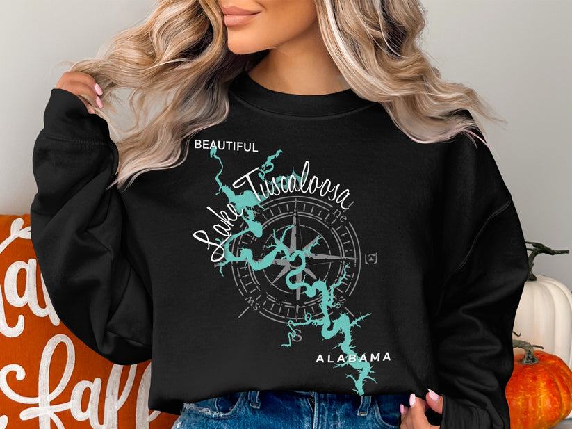 Black sweatshirt with Lake Tuscaloosa, Alabama map and compass graphic.