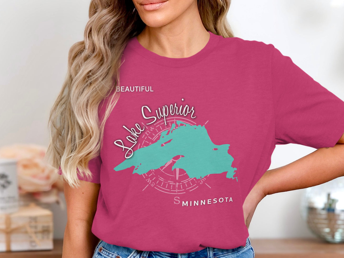 Pink t-shirt with Lake Superior map and compass graphic, "Beautiful Minnesota".