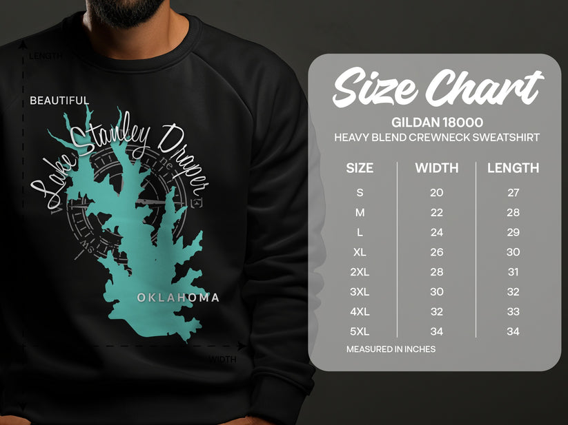 Stanley Draper Lake Oklahoma sweatshirt size chart on a dark background.