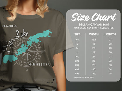 T-shirt size chart for Bella + Canvas 3001 unisex jersey short sleeve tee.