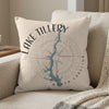 Light linen pillow with Lake Tillery map and compass design, North Carolina.