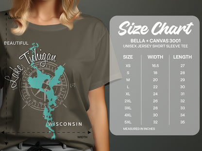 Lake Michigan map graphic on t-shirt next to size chart.