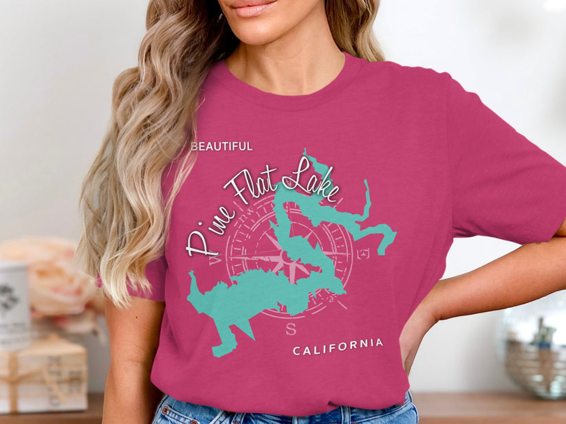 T-shirt with "Beautiful Pine Flat Lake California" and map graphic.