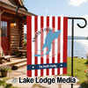 Garden flag with red and white stripes, Snow Lake shape, and "The Smith Family."