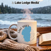 White mug with Lake Tahoe map graphic and "Lake Tahoe Nevada" text.