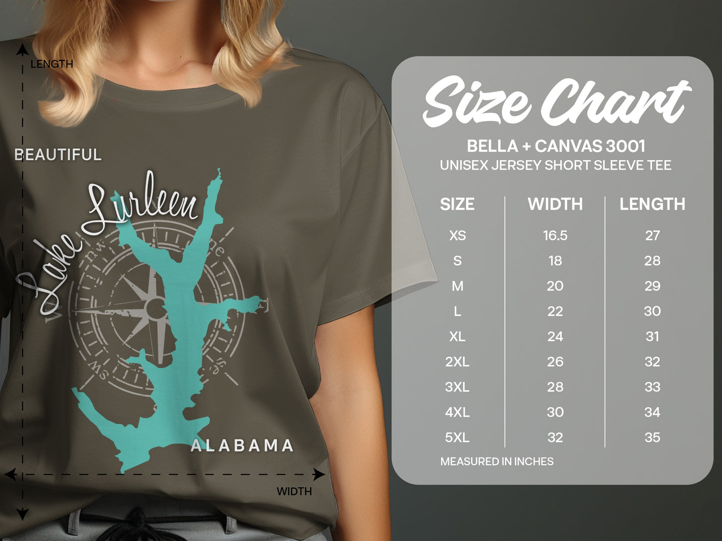 T-shirt showing Lake Lurleen, Alabama with a compass and size chart.