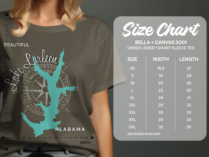 T-shirt showing Lake Lurleen, Alabama with a compass and size chart.