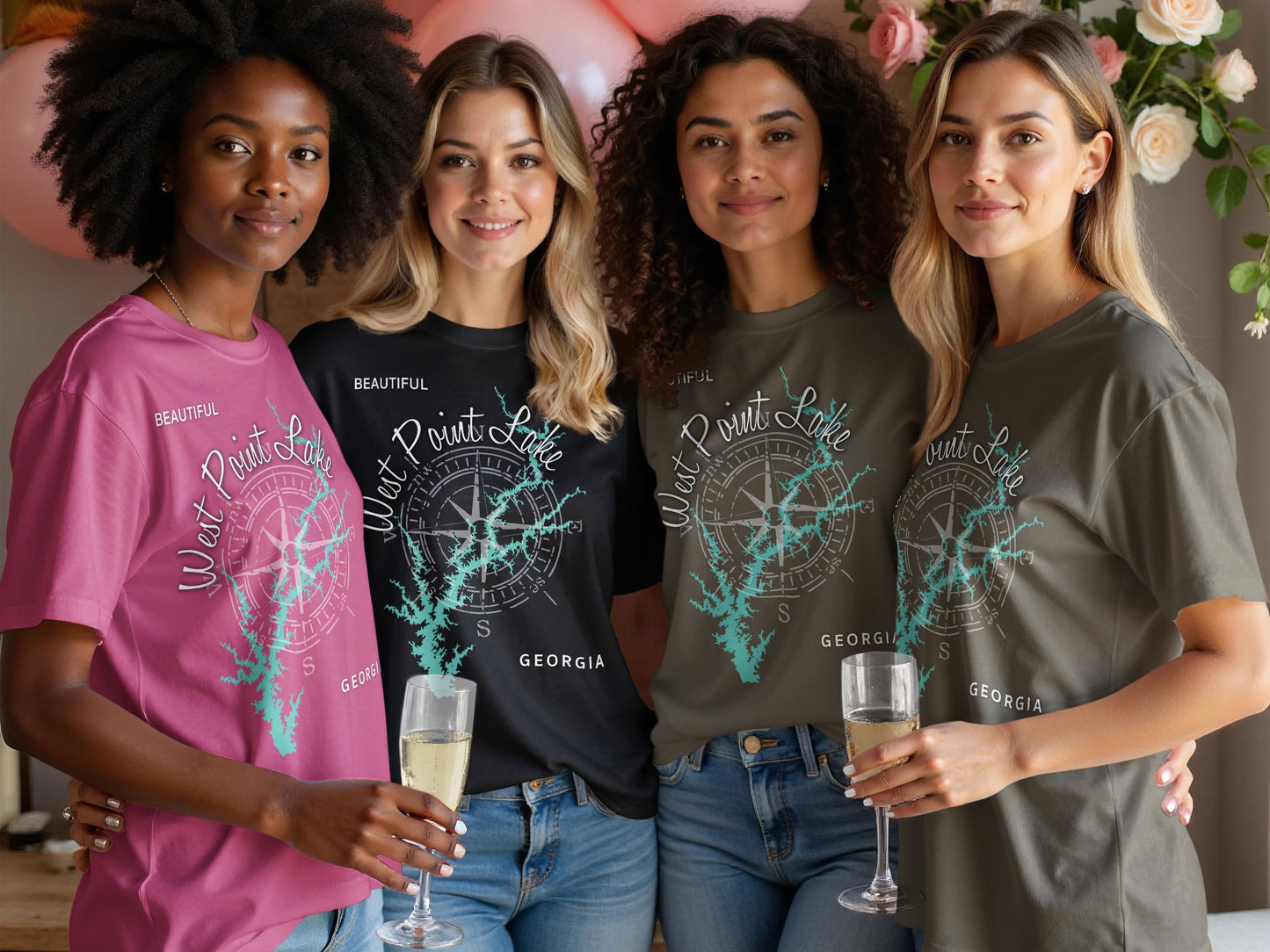 Four women wearing t-shirts with "West Point Lake Georgia" graphic.