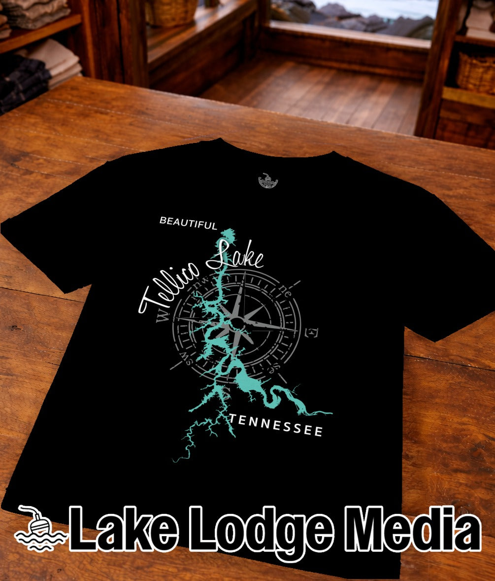 Black t-shirt with a compass rose and "Beautiful Tellico Lake Tennessee" map graphic.