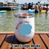 White insulated travel tumbler featuring a Buffalo Lake, Minnesota graphic on a wooden boat dock.